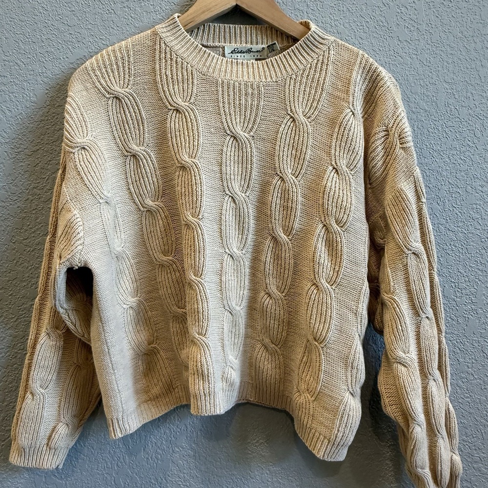 Eddie Bauer Cable Knit Cropped Boxy 100% Cotton Sweater Petite L Beige Sand FLAW
